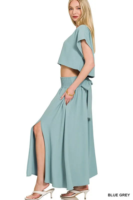 Blue Grey Zenana Heavy Woven Span Crop Tee Skirt Set 6