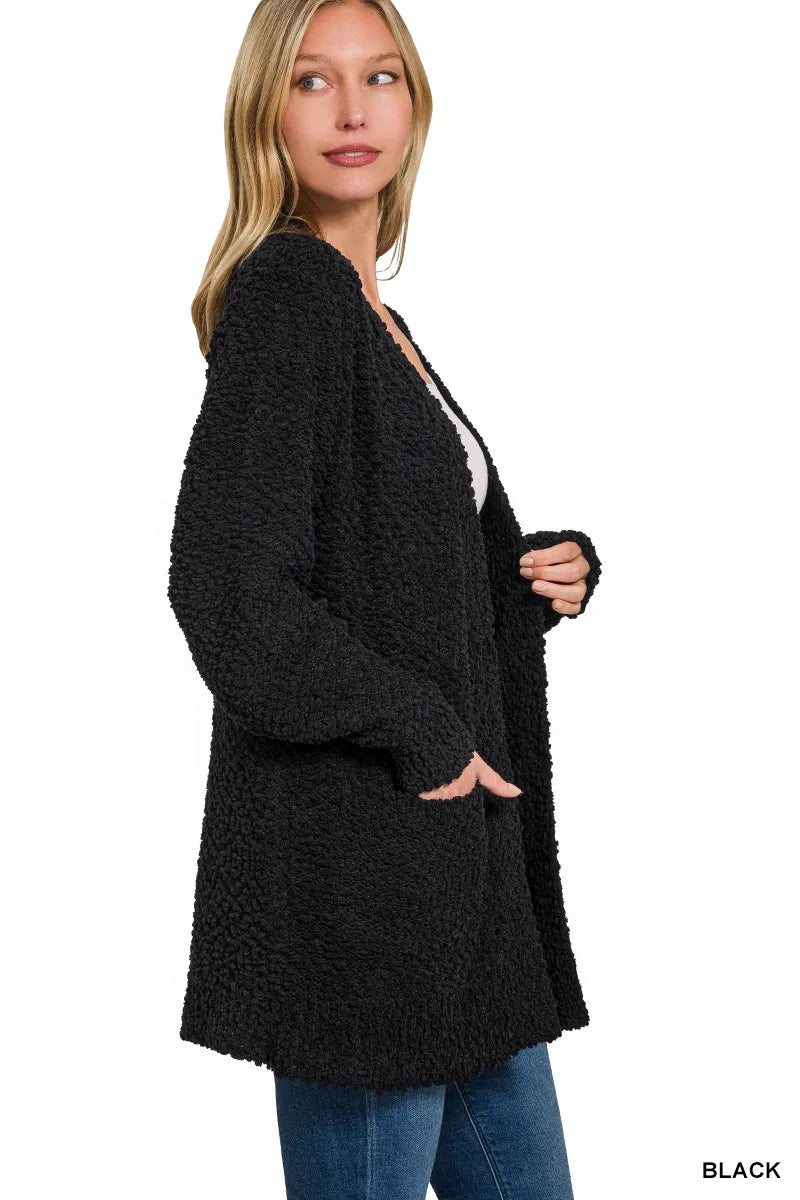 Black Zenana Long Sleeve Popcorn Sweater Cardigan With Pockets 4