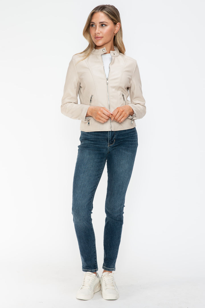 Snobbish Pu Leather Zip Up Jacket With Pockets