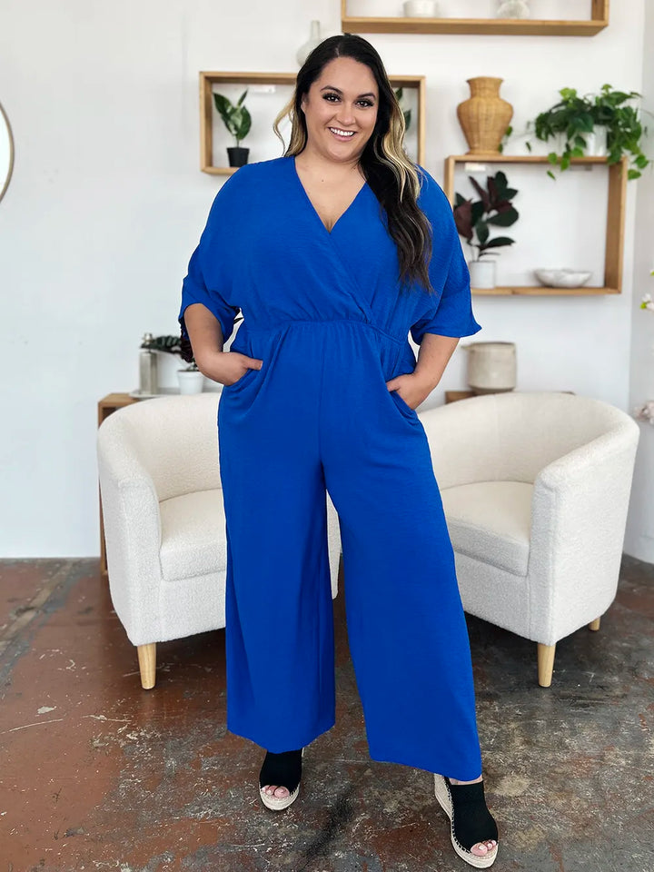 Royal  Blue Double Take Full Size Surplice Wide Leg Jumpsuit With Pockets