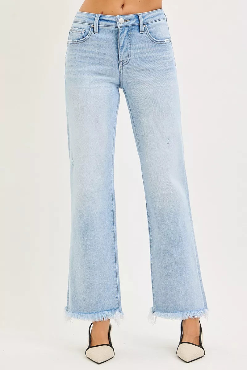 Light Risen Tummy Control Mid Rise Ankle Straight Fray Hem Jeans