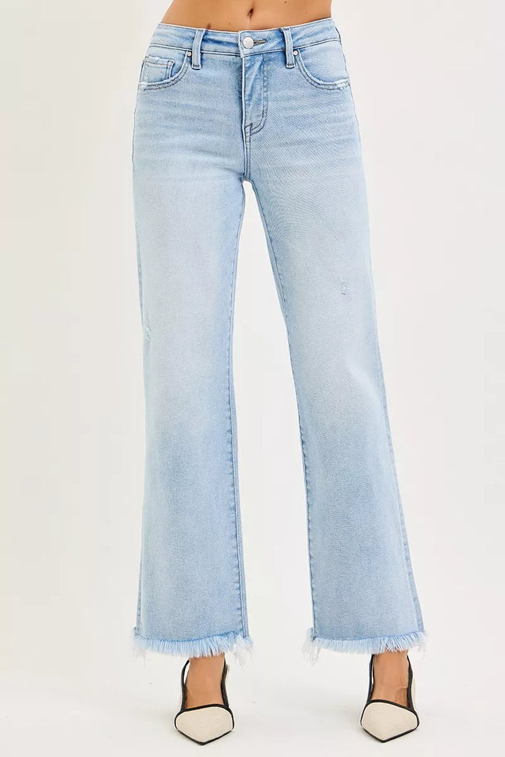 Light Risen Tummy Control Mid Rise Ankle Straight Fray Hem Jeans