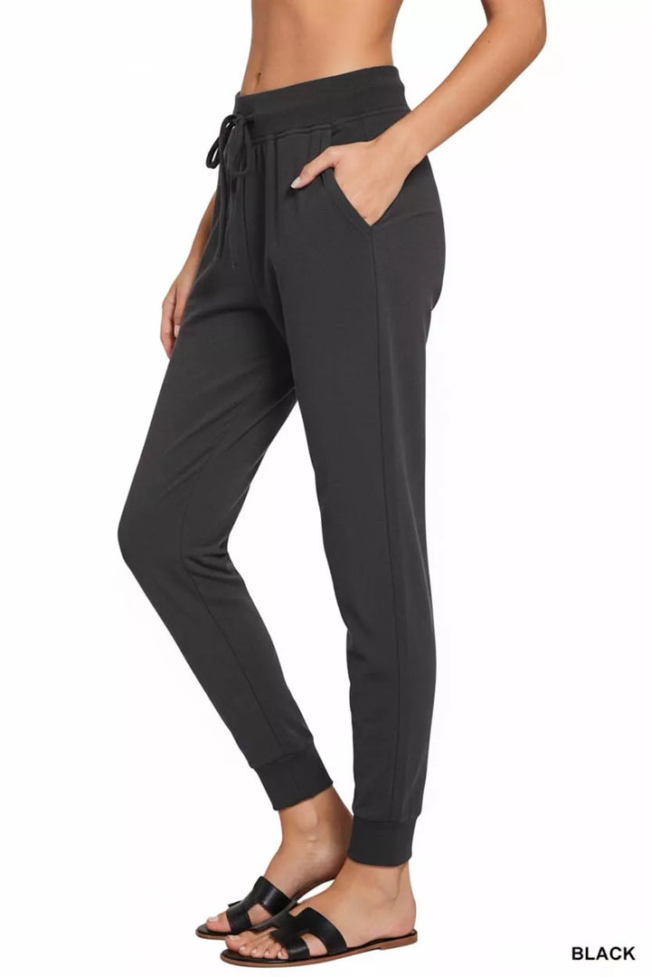 Black Zenana Drawstring Cotton Joggers With Pockets