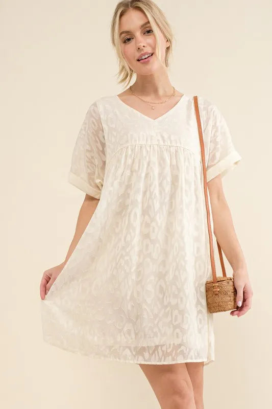 White And The Why Woven Leopard Baby Doll Roll Sleeve Casual Dress 1
