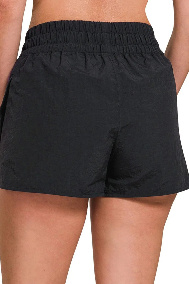 Black Zenana Windbreaker Smocked Waistband Running Shorts 4
