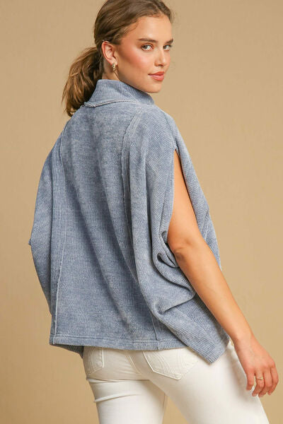 Light Blue Umgee Solid Color Mock Neck Short Sleeve Top 1
