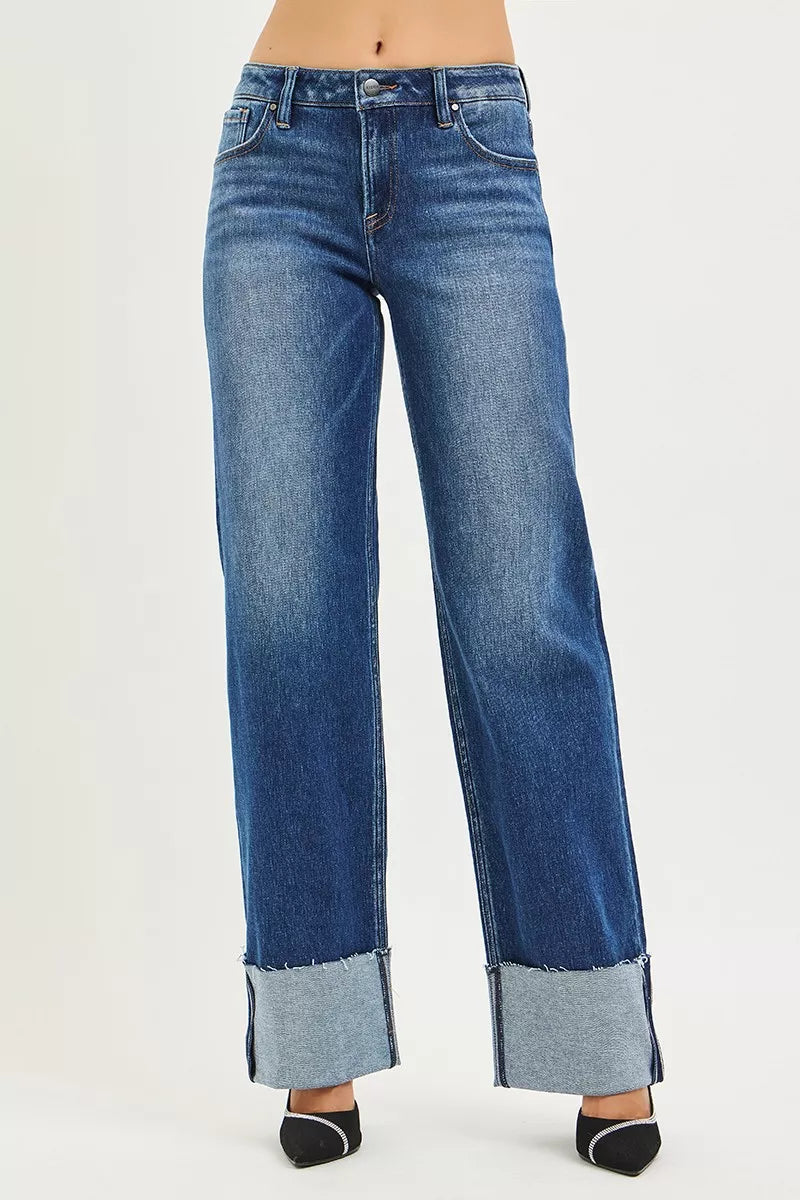 Dark Risen Mid Rise Wide Straight Jeans With Wide Cuff