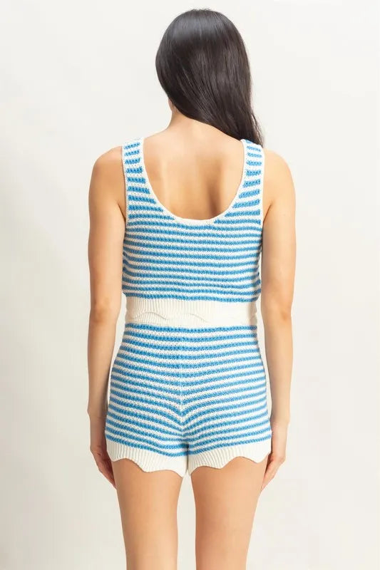 Blue/Cream Hyfve Striped Cropped Tank And Shorts Set