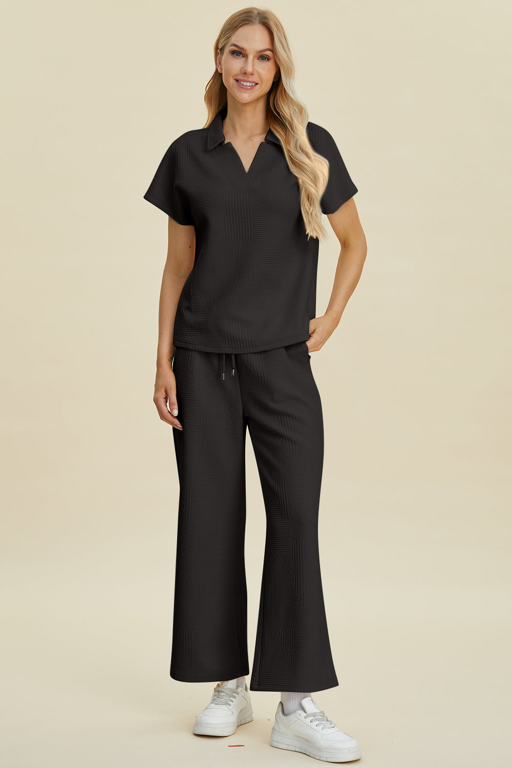 Black Double Take Full Size Collared Neck Short Sleeve Top And Pants Set