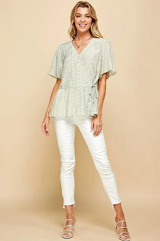 Lime N Chili Ditsy Print V Neck Short Sleeve Wrap Blouse