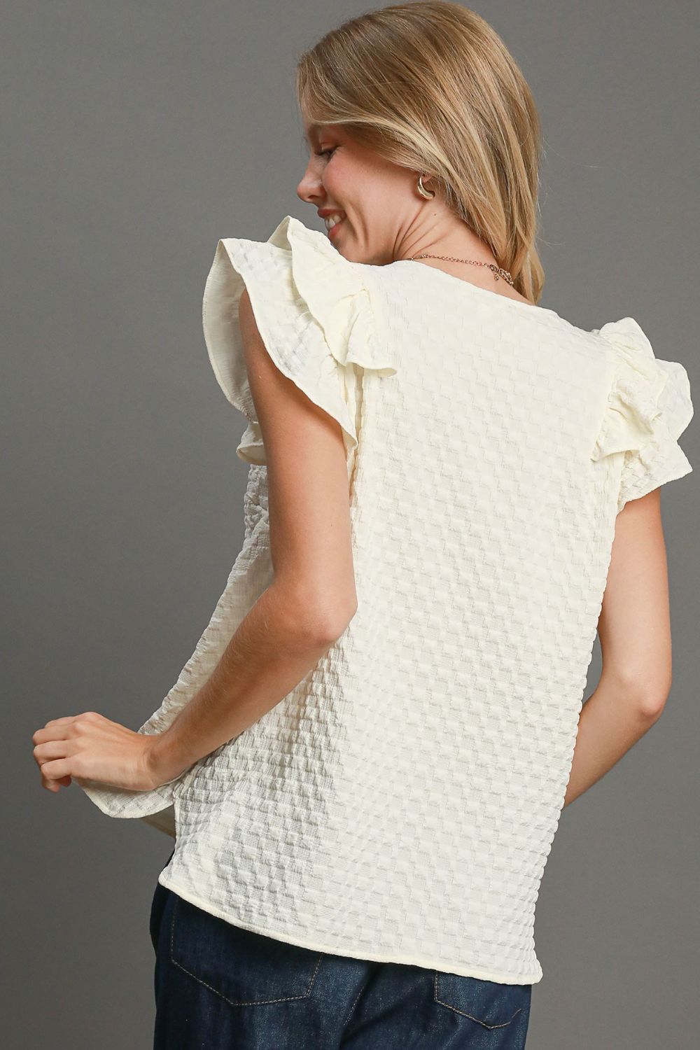 Cream Umgee Full Size Textured Jacquard V Neck Ruffle Cap Sleeve Blouse Plus Size