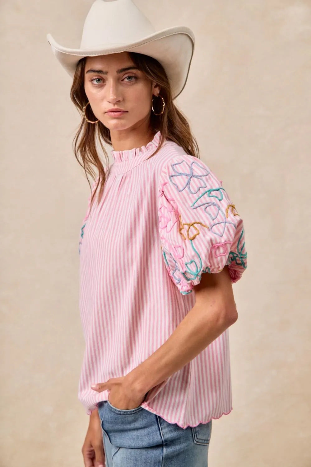 Bibi Embroidery Bubble Sleeve Top With Bottom Scallop Detail