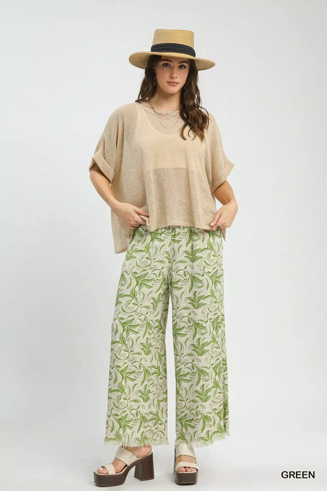 Umgee Linen Printed Wide Leg Raw Hem Pants 1