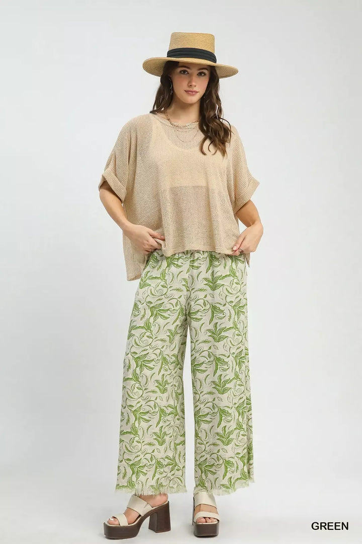 Umgee Linen Printed Wide Leg Raw Hem Pants 1