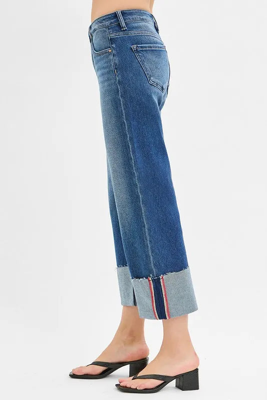 Dark Risen Full Size Tummy Control Mid Rise Crop Wide Cuffed Jeans Plus Size