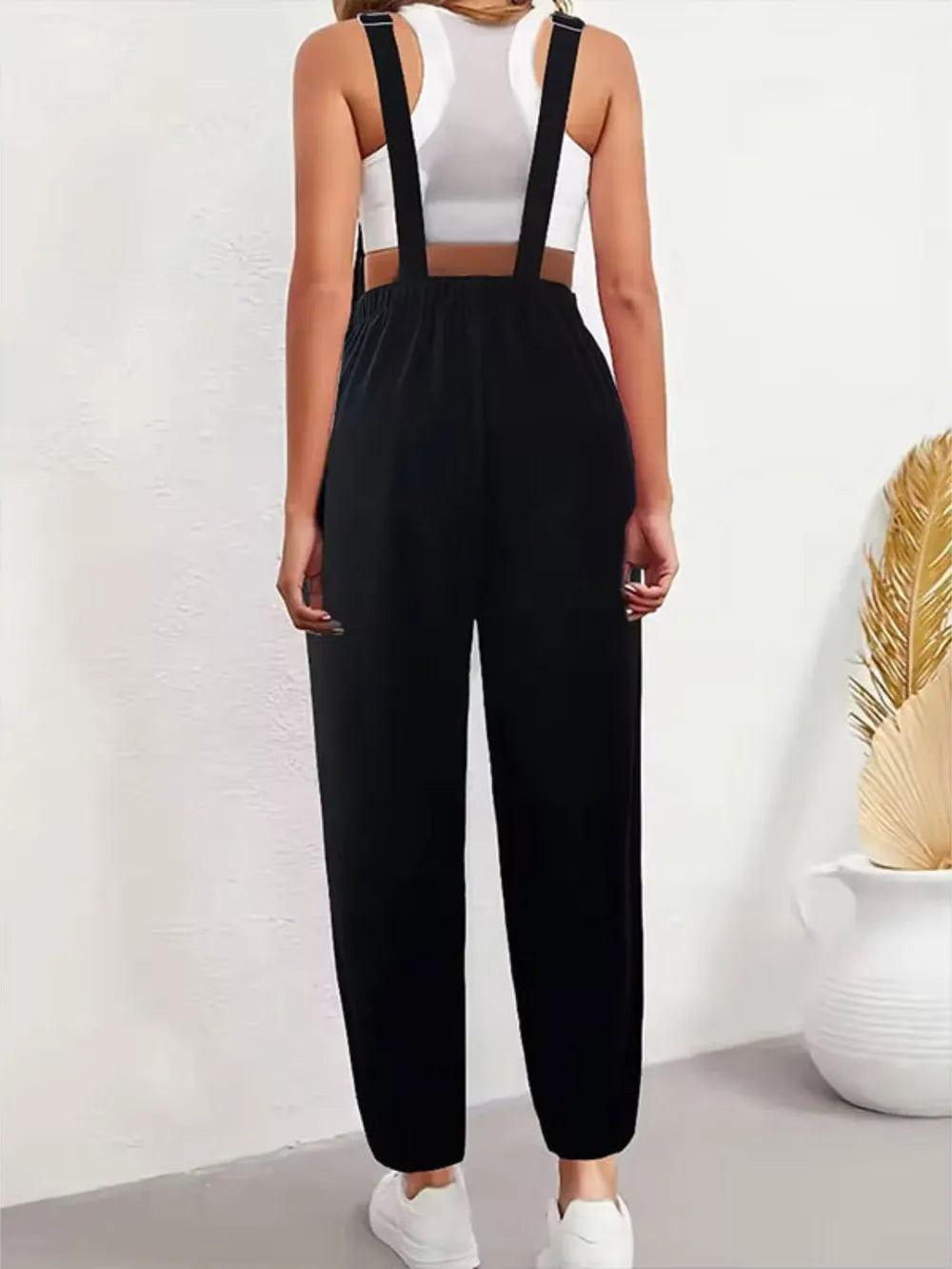 Black Embroidered Sunflower Wide Strap Overalls With Pockets