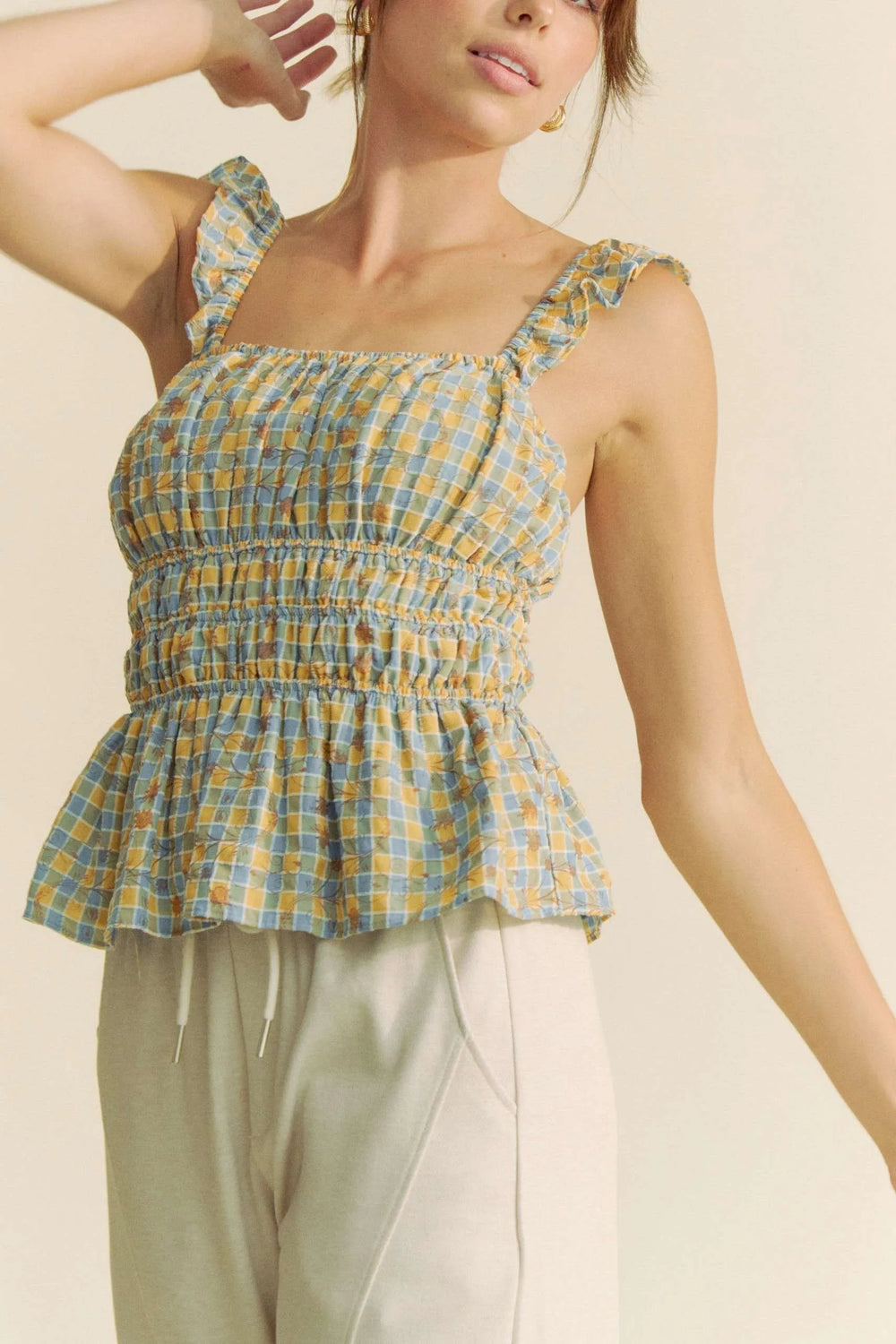 Blue Multi Davi Dani Plaid Ruffled Strap Smocked Sleeveless Top