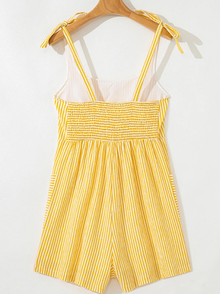 Stripe Shoulder Tie Smocked Back Casual Romper
