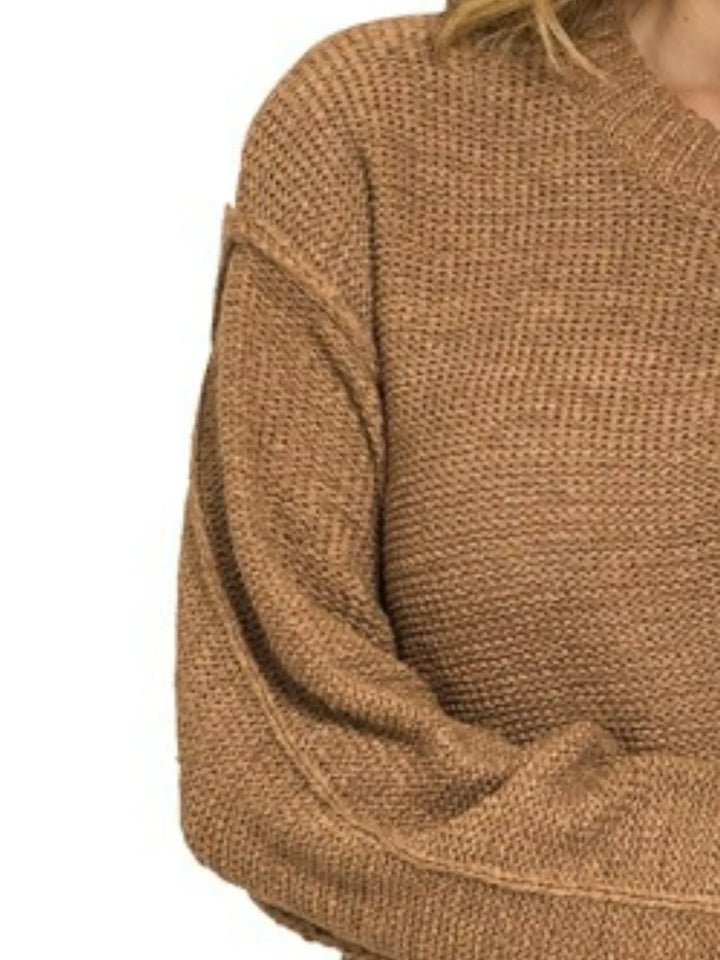 Deep Camel Zenana Exposed Seam Round Neck Sweater