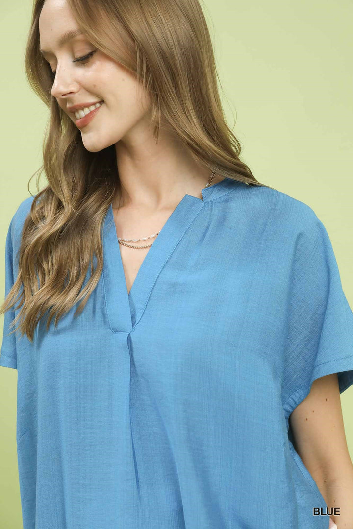 Umgee Flowy V Neck Short Sleeve Blouse