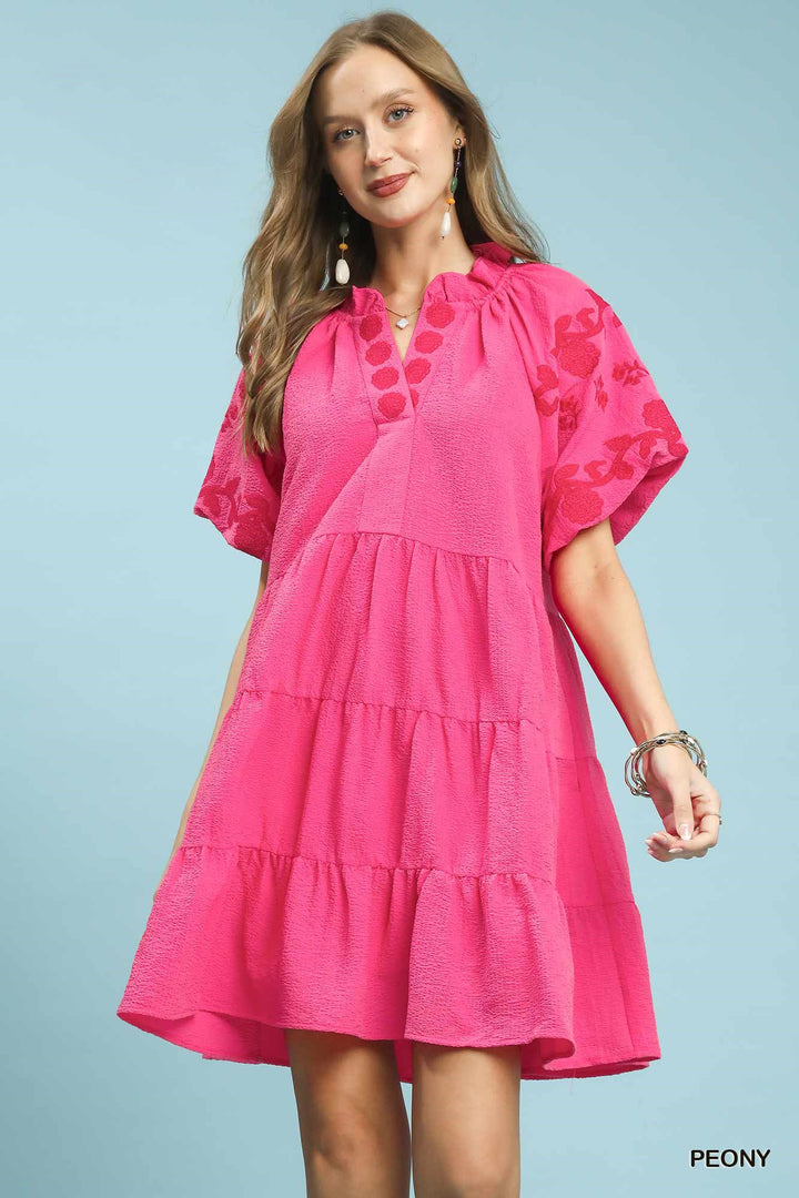 Peony Umgee Embroidered Tiered Puff Sleeve Mini Dress