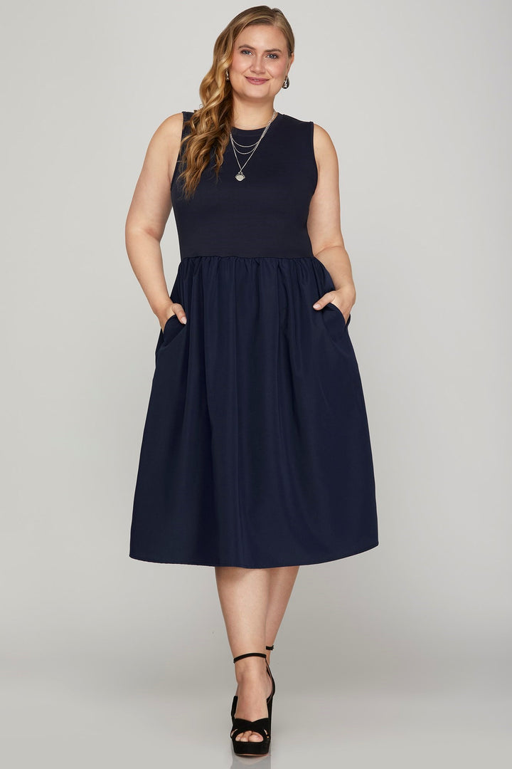 Dark Navy She Sky Full Size Sleeveless Poplin Woven Midi Dress With Pockets Plus Size