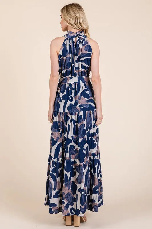 Navy Combo Lime N Chili Abstract Halter Neck Tie Waist Tiered Maxi Dress