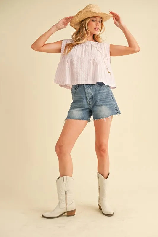 Aemi Co Ruched Striped Round Neck Sleeveless Top 2
