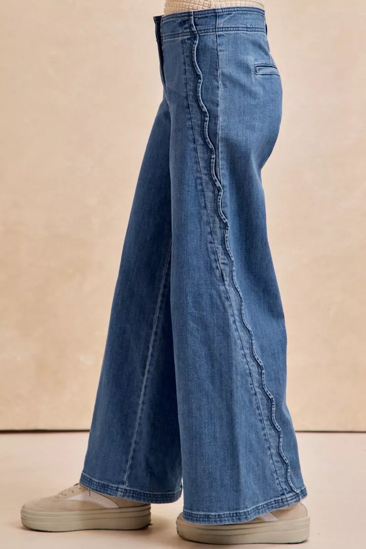 Denim Bibi Wavy Side Edge Detail Lined Wide Leg Jeans