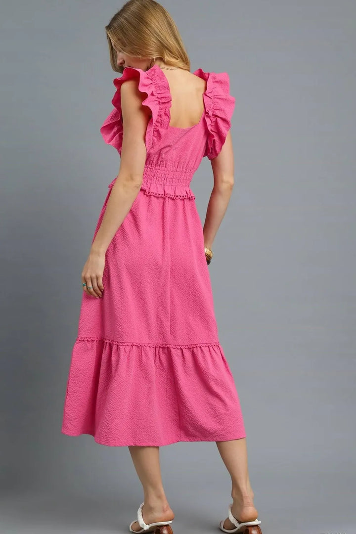 Umgee V Neck Ruffled Cap Sleeve Midi Dress