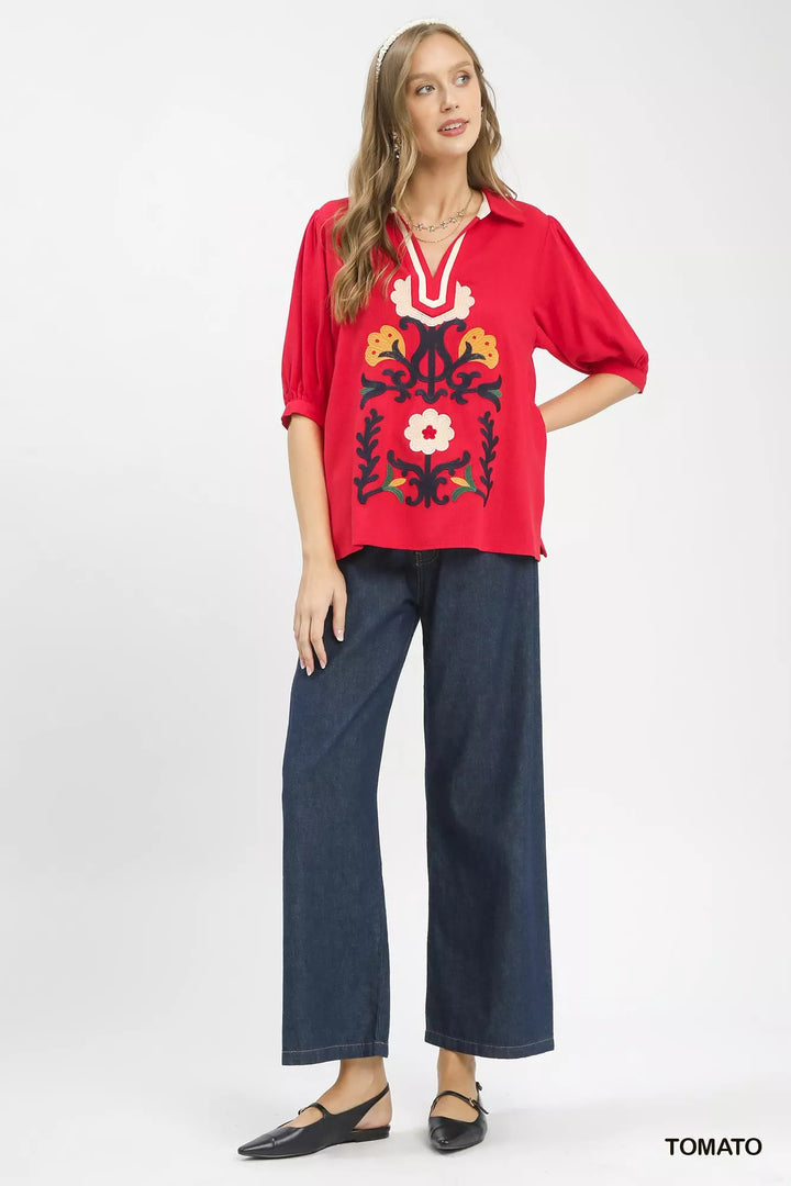 Umgee Mixed Media V Neck Print Blouse