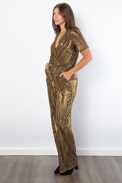 Gold Be Stage Surplice Short Sleeve Pleated Foil Jumpsuit