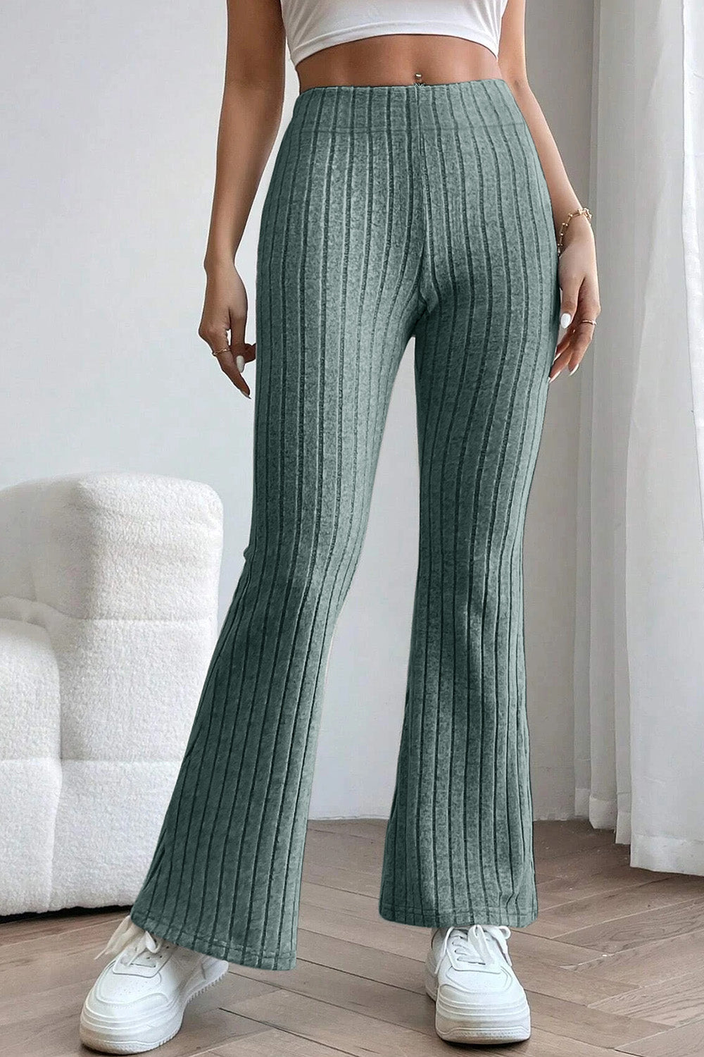 Deep Teal Basic Bae Full Size Ribbed High Waist Flare Pants