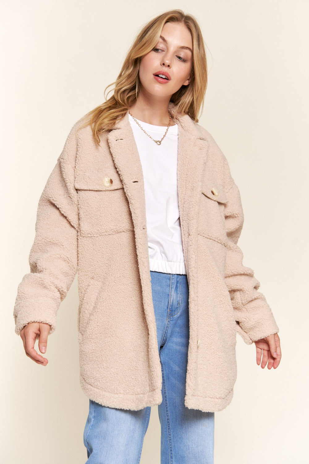 Natural And The Why Teddy Sherpa Button Down Curved Hem Shacket