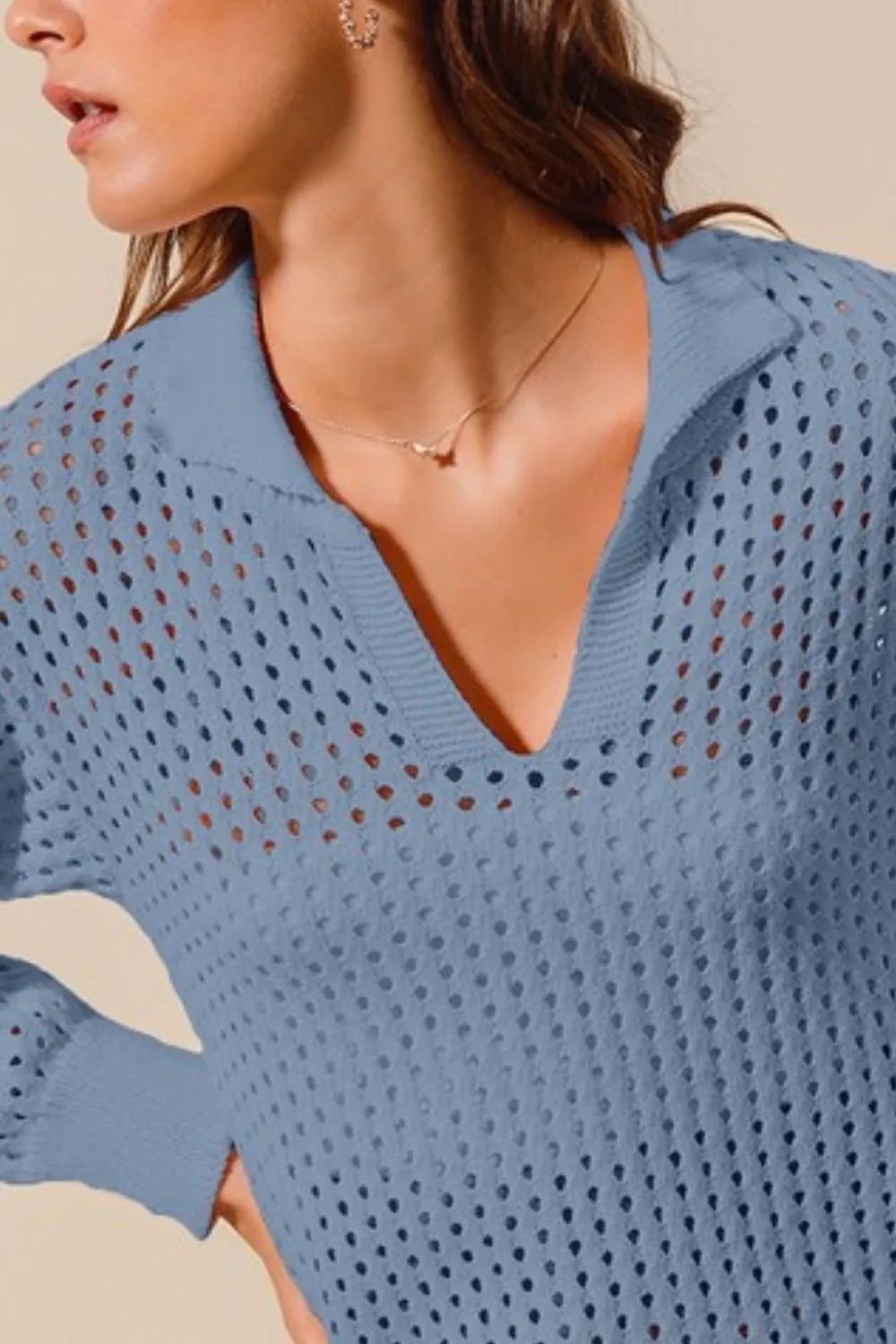 Denim So Me Open Knit Polo Sweater Top