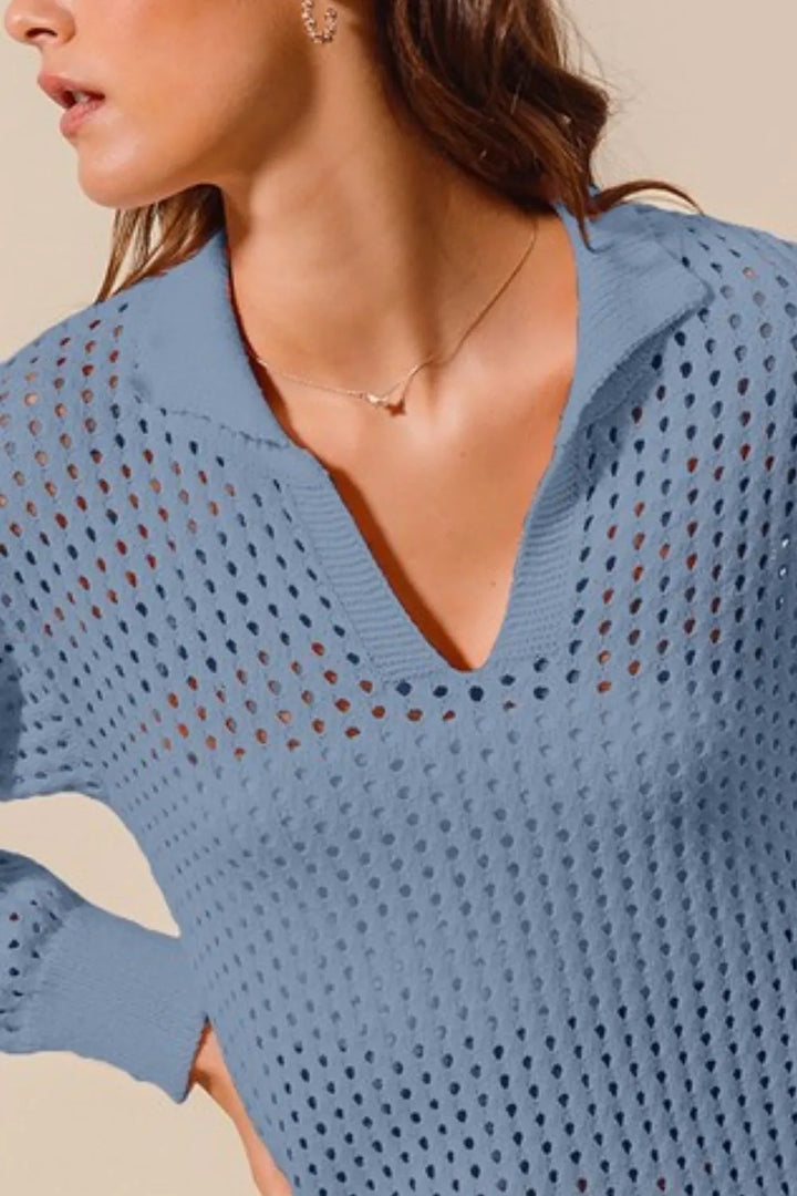 Denim So Me Open Knit Polo Sweater Top