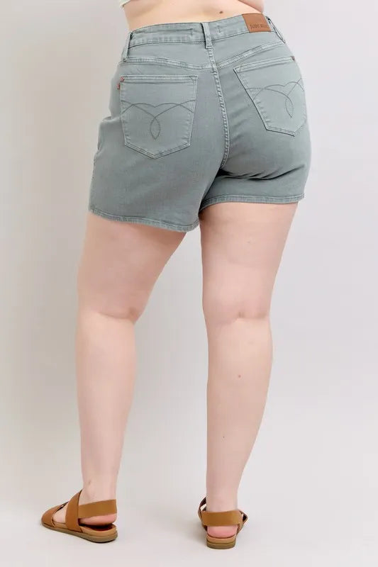 Judy Blue Full Size Hw Garment Dyed Back Pkt Embroidery Shorts Plus Size