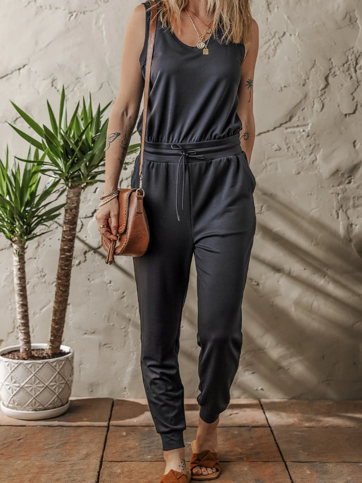 Black Tie Waist Sleeveless Jogger Jumpsuit