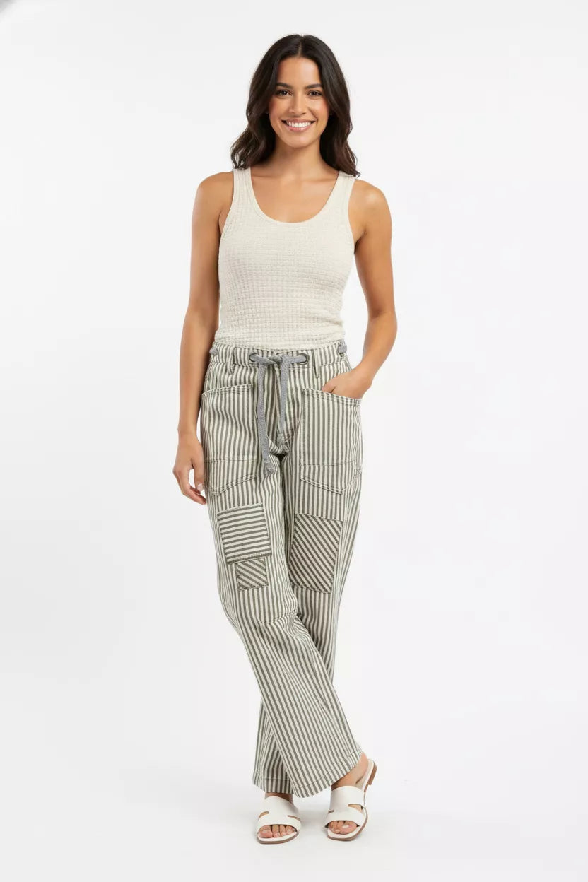 Grey Bibi Drawstring Striped Twill Barrel Pants 1