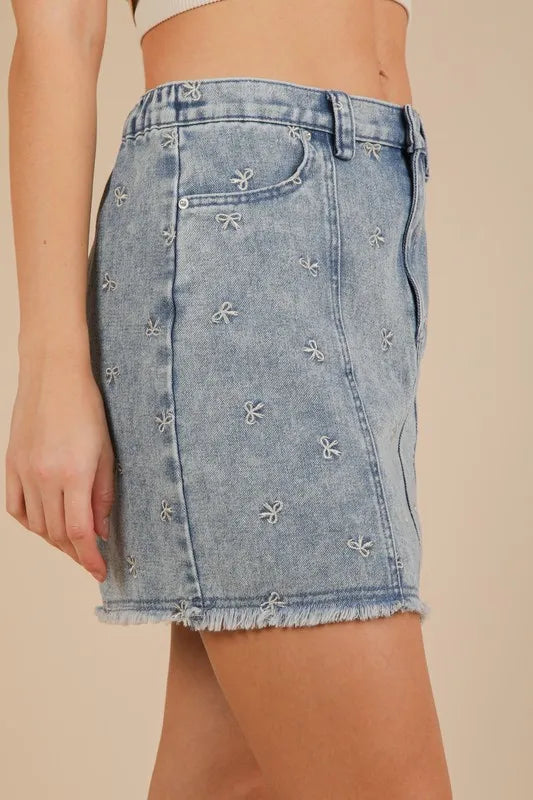 Indigo Very J Bow Printed Casual Denim Mini Skirt