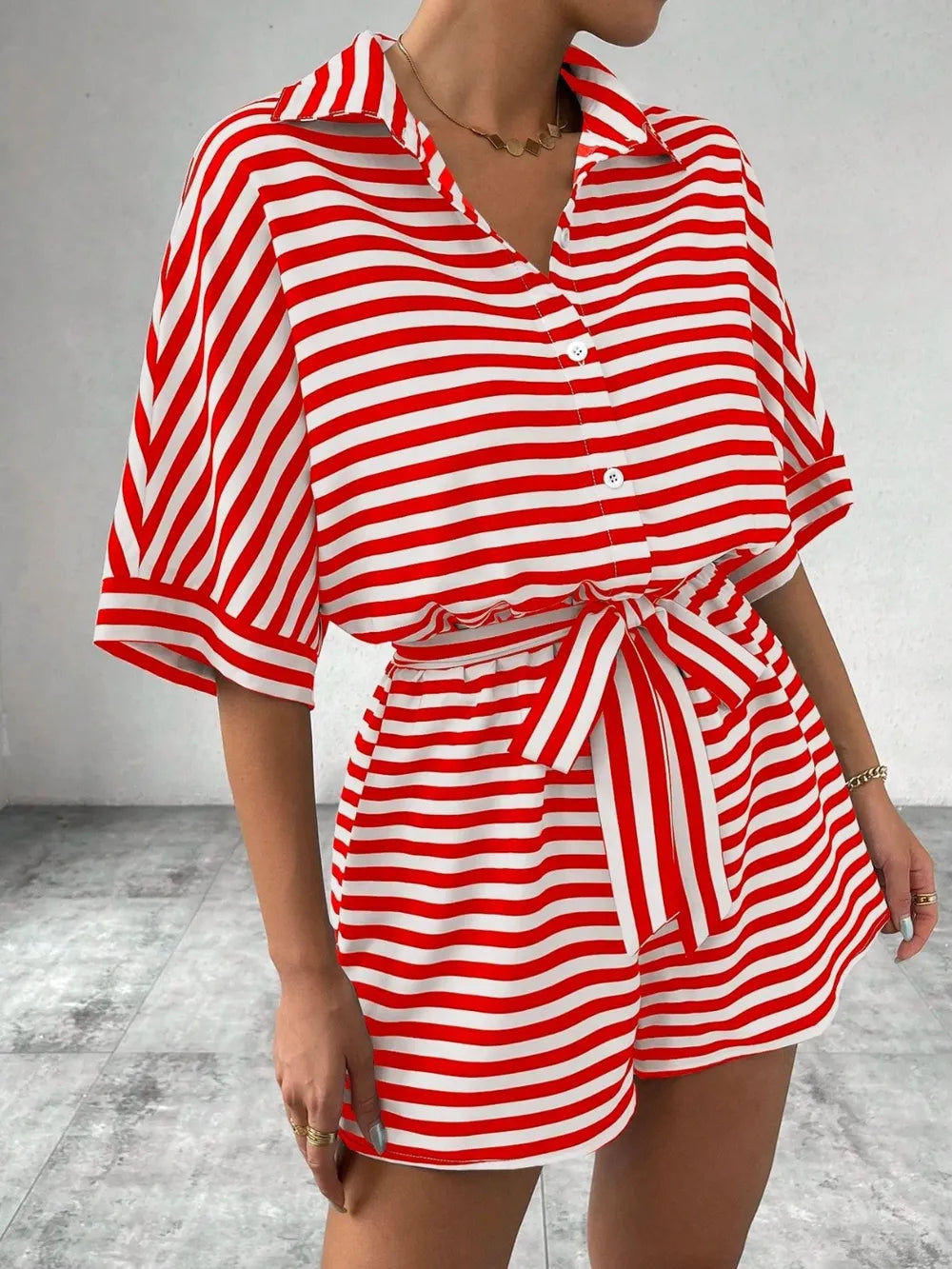 Red Tie Waist Half Button Striped Romper