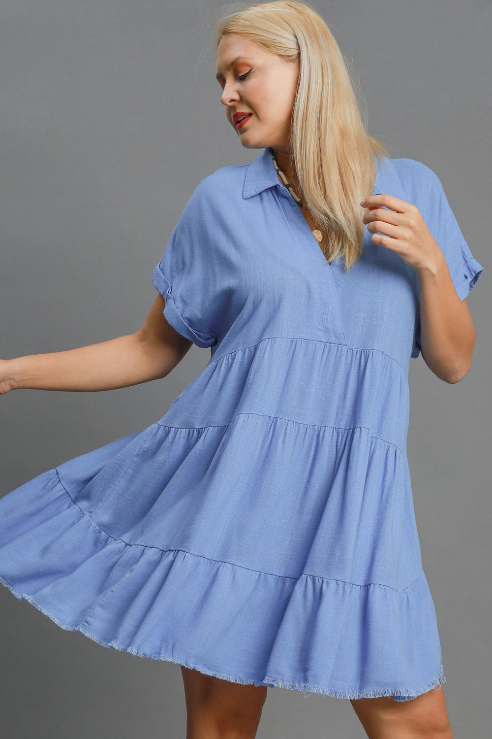 Sky Blue Umgee Full Size Raw Hem Folded Sleeve Tiered Dress Plus Size 1