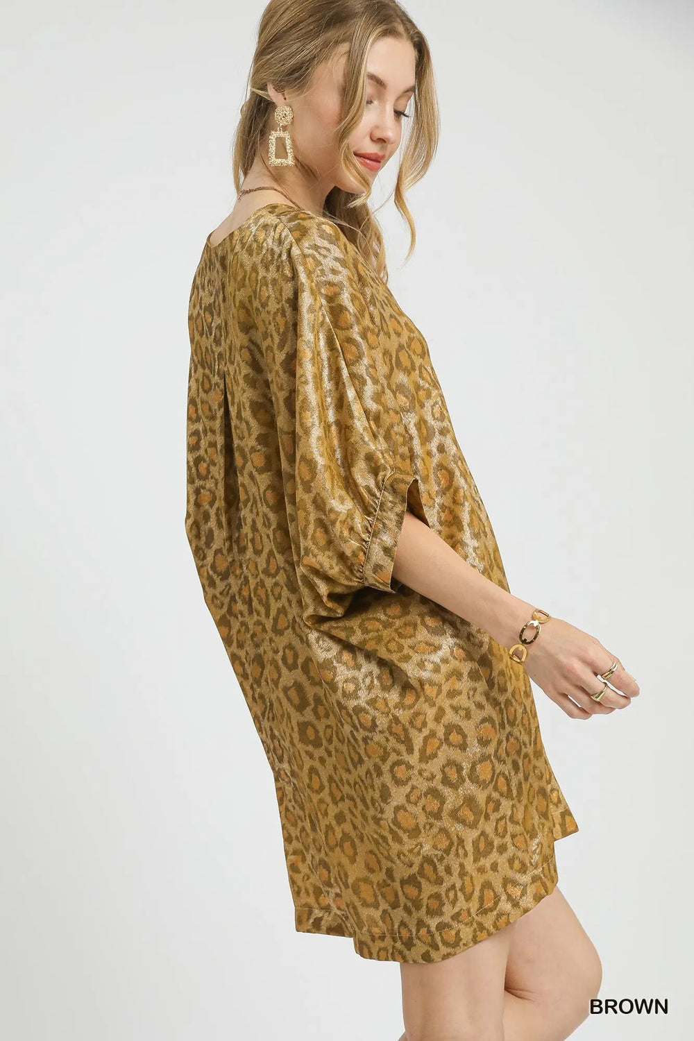 Brown Umgee Metallic Leopard Print V Neck Kimono Dress