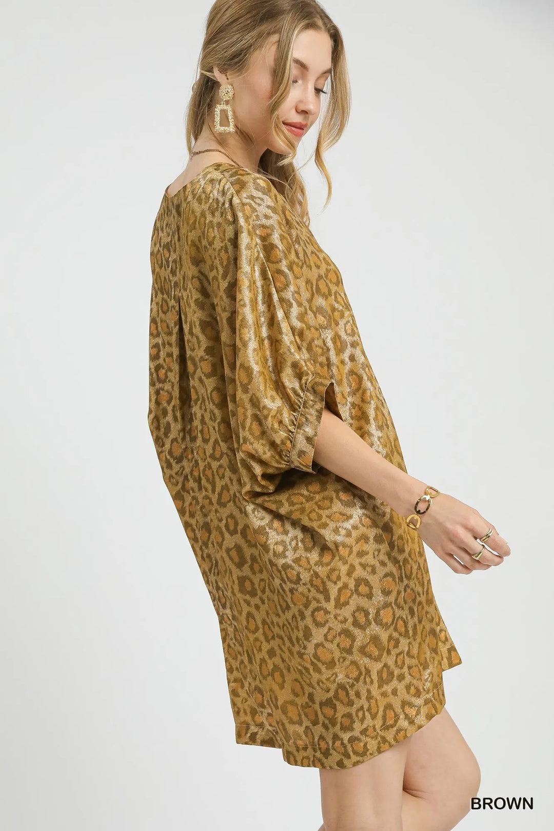 Brown Umgee Metallic Leopard Print V Neck Kimono Dress