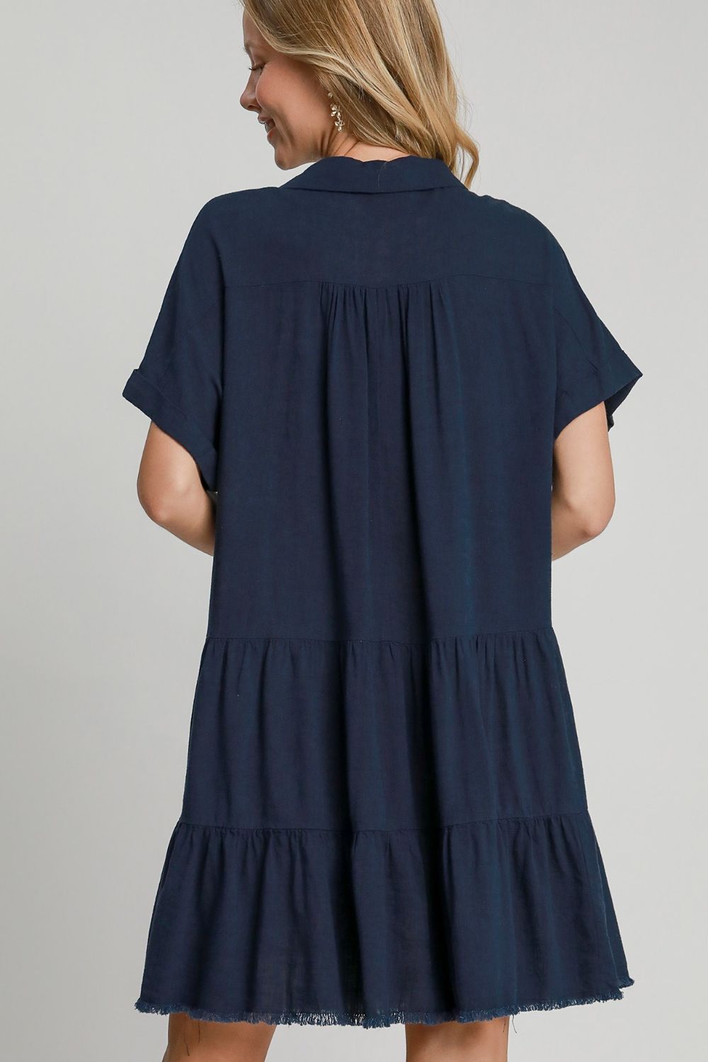 Dark Navy Umgee Full Size Raw Hem Folded Sleeve Tiered Dress Plus Size