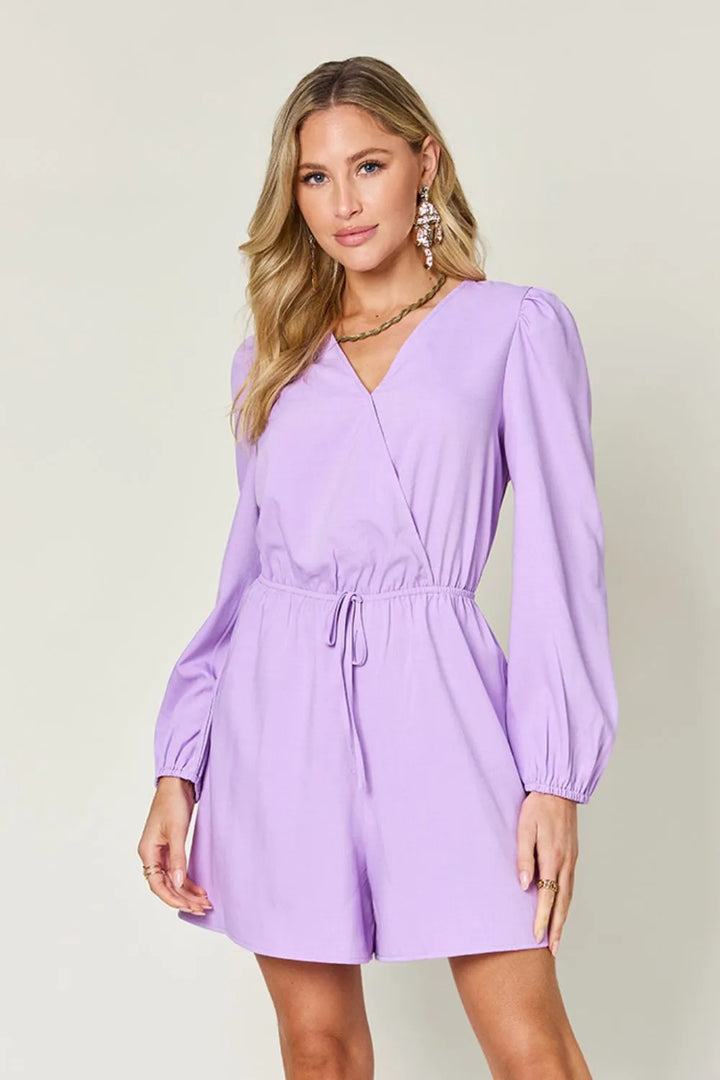 Lavender Double Take Full Size Drawstring Long Sleeve Romper
