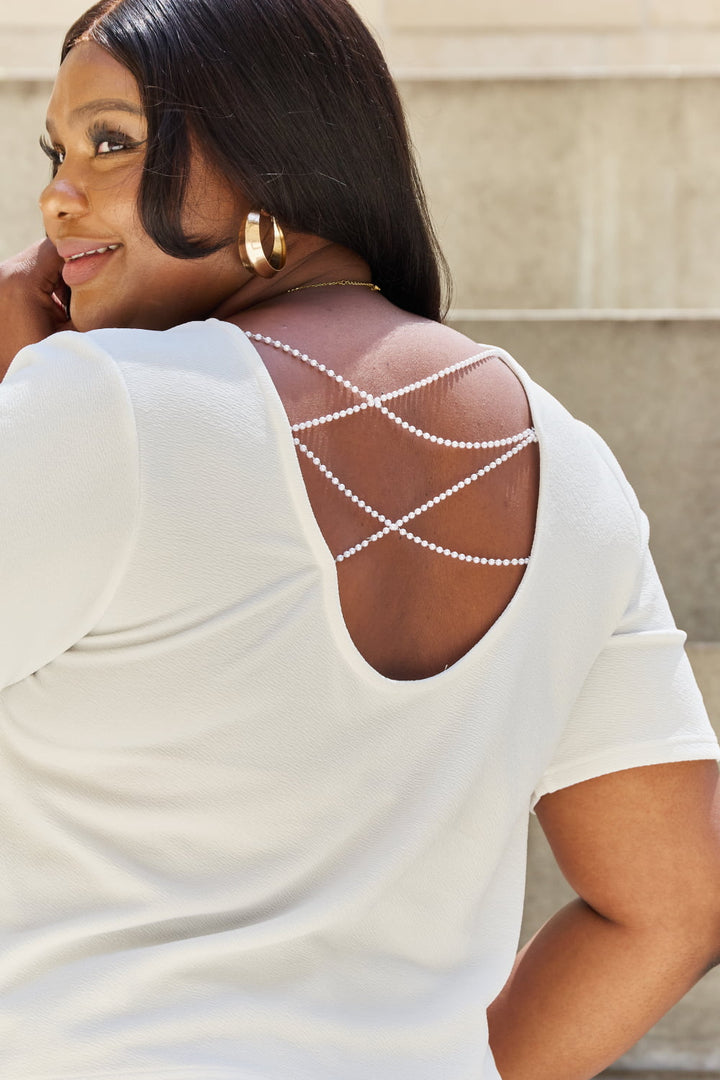 And The Why Pearly White Full Size Criss Cross Pearl Detail Open Back T Shirt