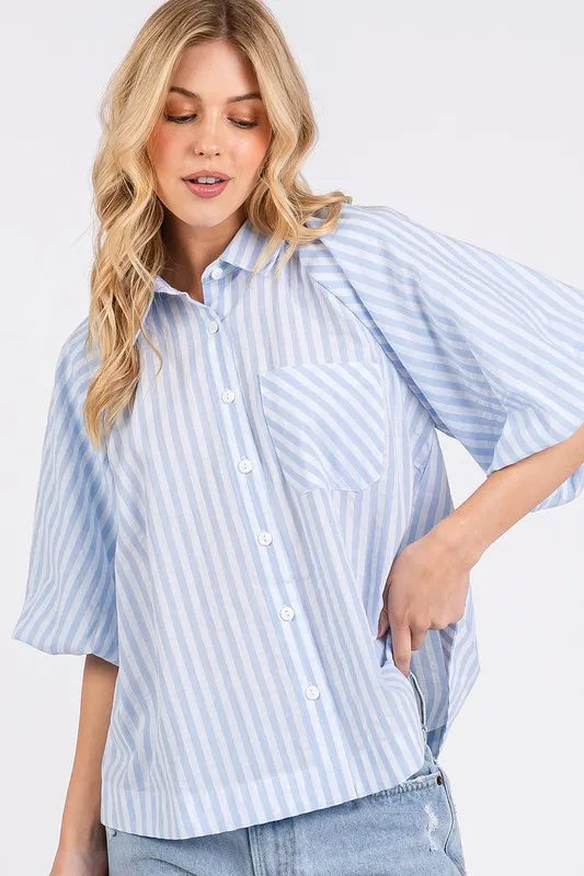 Light Blue Mittoshop Button Down Striped Puff Sleeve Shirt