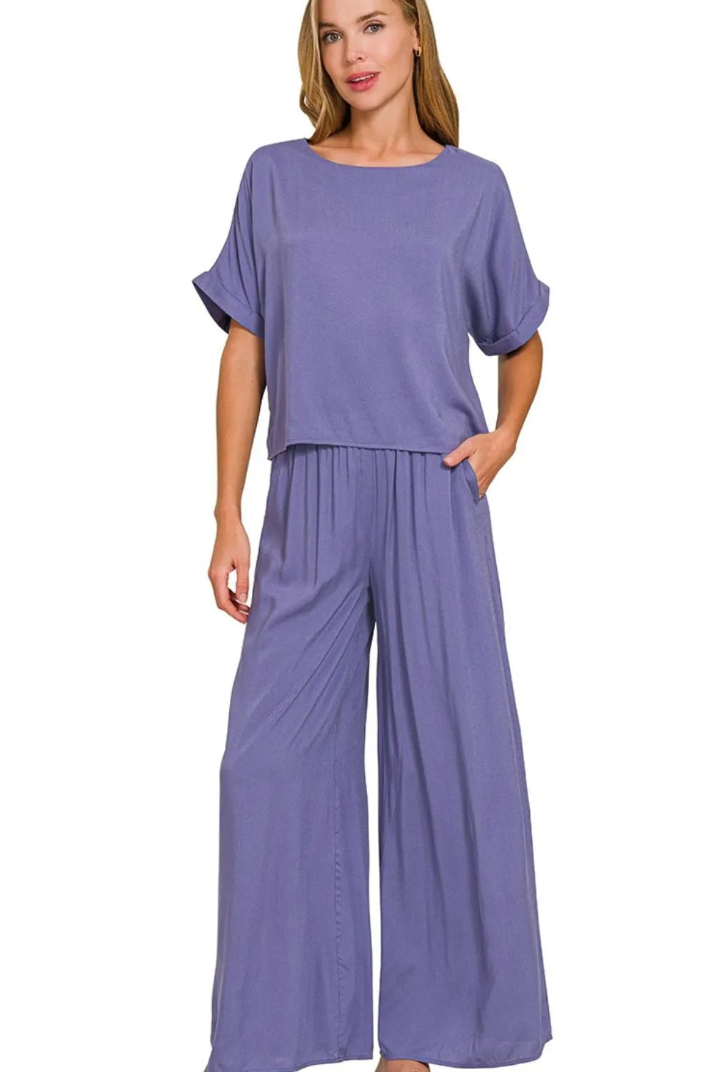 Marlin Zenana Round Neck T Shirt And Wide Leg Pants Set 1