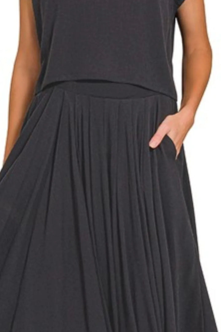 Black Zenana Woven Crinkle Gauze Crop Tee And Skirt Set 2